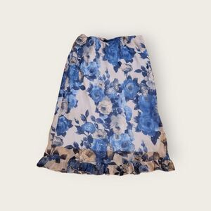 Vintage Y2k Rave blue floral print elastic waist ruffle hem midi skirt